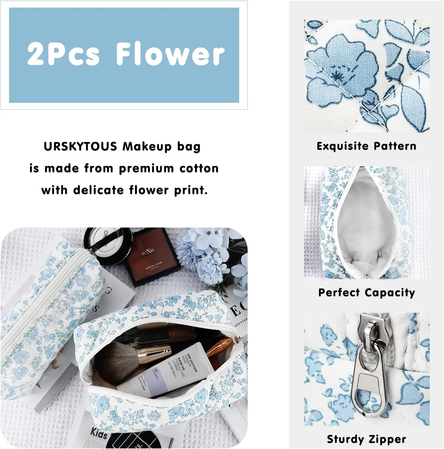 2Pcs Floral Makeup Bag for Women Cotton Quilted Small Coquette Cosmetic Bag Cute Zipper Blue Flower Makeup Pouch Aesthetic Portable Pencil Case Travel Toiletry Bag Trendy Cloth Skincare Bag