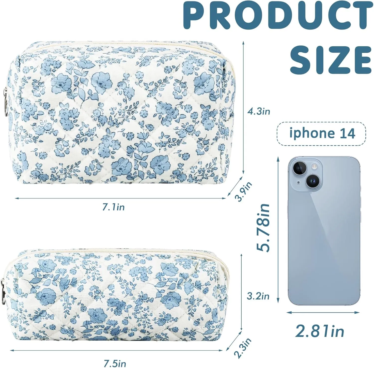 2Pcs Floral Makeup Bag for Women Cotton Quilted Small Coquette Cosmetic Bag Cute Zipper Blue Flower Makeup Pouch Aesthetic Portable Pencil Case Travel Toiletry Bag Trendy Cloth Skincare Bag