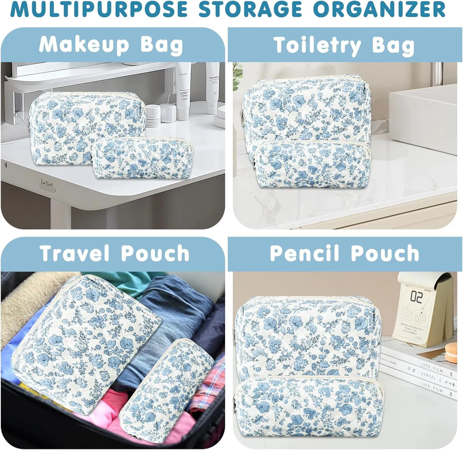2Pcs Floral Makeup Bag for Women Cotton Quilted Small Coquette Cosmetic Bag Cute Zipper Blue Flower Makeup Pouch Aesthetic Portable Pencil Case Travel Toiletry Bag Trendy Cloth Skincare Bag