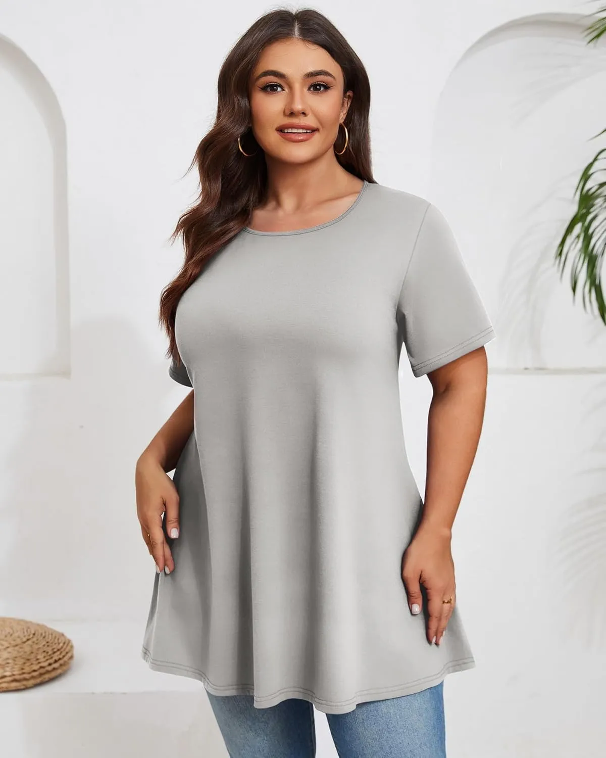 3 Pack Women's Plus Size Tunic Top Short Sleeve Cotton Long Shirts Summer Loose Fit Flowy Blouse Wear with Leggings