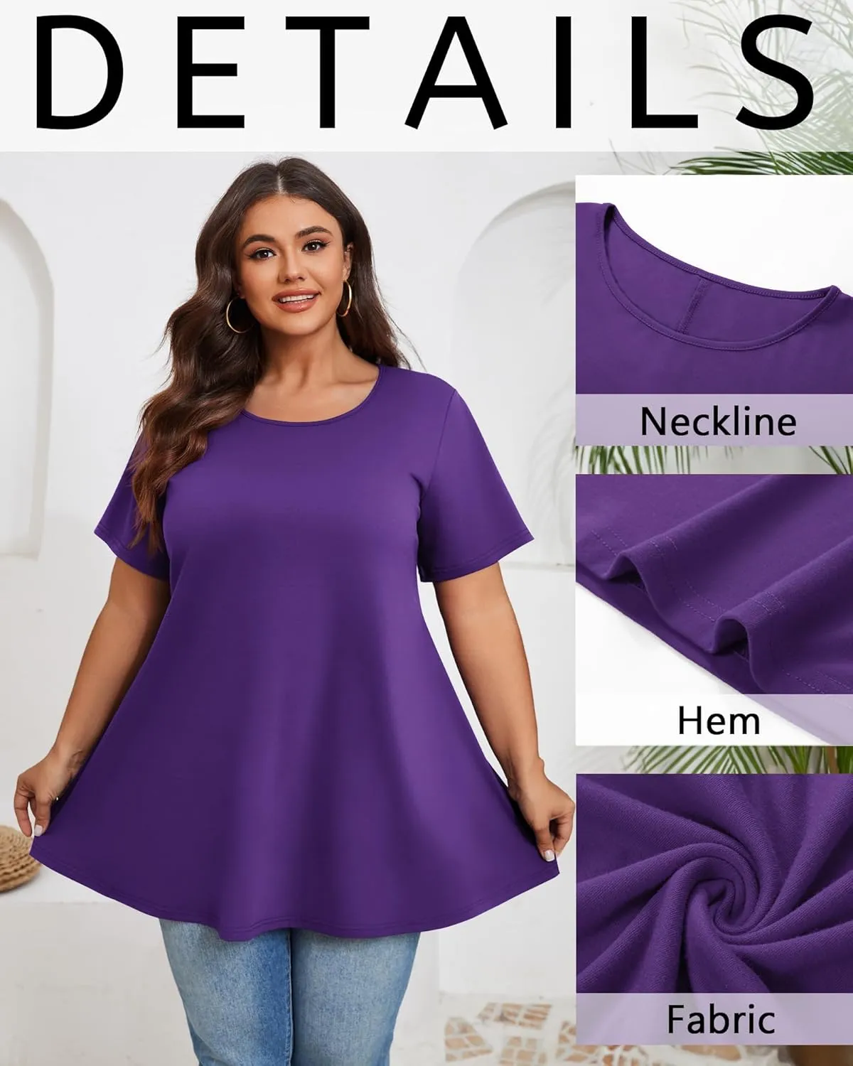 3 Pack Women's Plus Size Tunic Top Short Sleeve Cotton Long Shirts Summer Loose Fit Flowy Blouse Wear with Leggings
