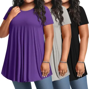 3 Pack Women's Plus Size Tunic Top Short Sleeve Cotton Long Shirts Summer Loose Fit Flowy Blouse Wear with Leggings