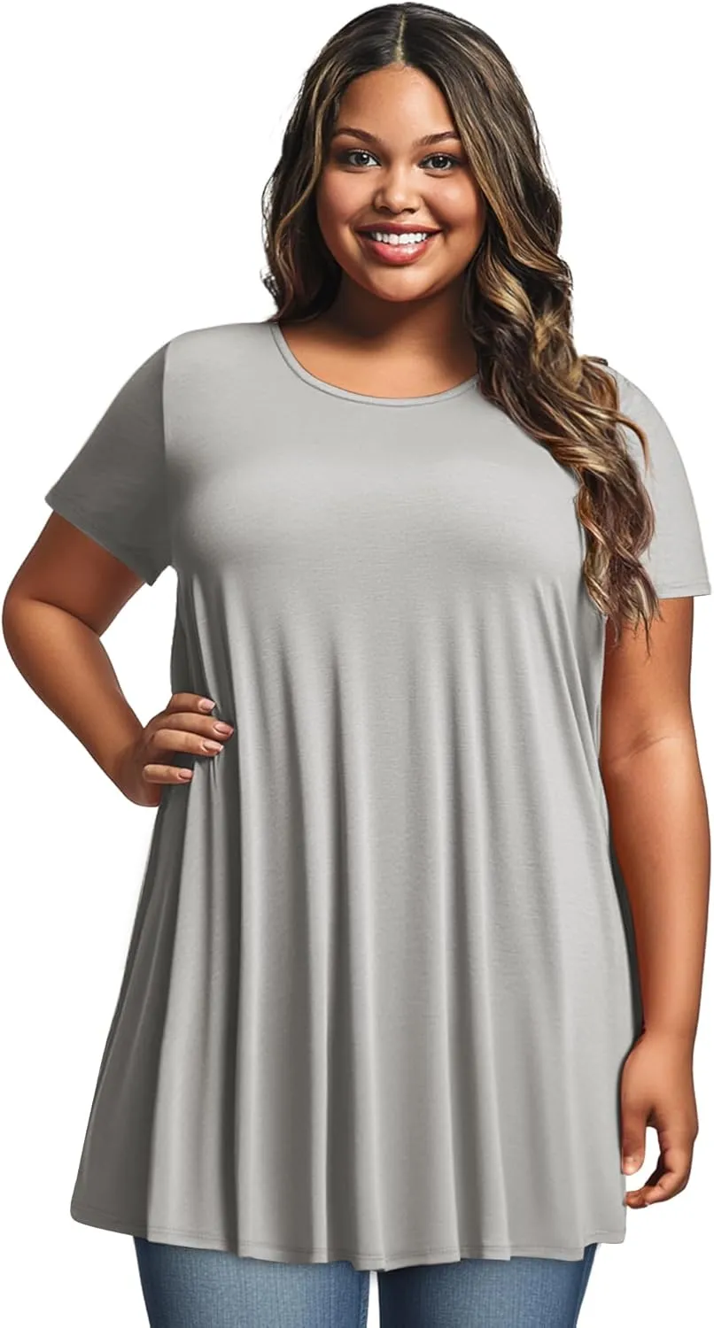 3 Pack Women's Plus Size Tunic Top Short Sleeve Cotton Long Shirts Summer Loose Fit Flowy Blouse Wear with Leggings