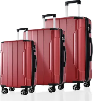 3 Piece Expandable Hard Shell Suitcase Set with Double Spinner Wheels, Travel Luggage Set, Red