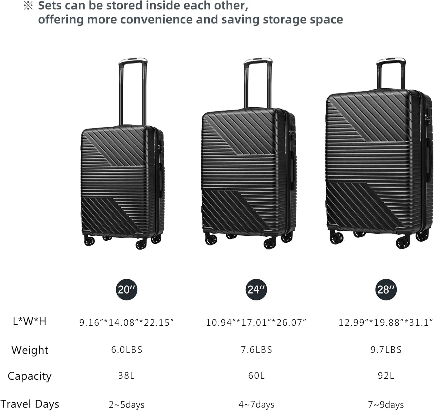 3 Piece Luggage Set,Expandable Hard Shell Luggage Set with Spinner Wheels & TSA Lock, Lightweight Travel Luggage Set,Carry on Luggage for Business Trip Black