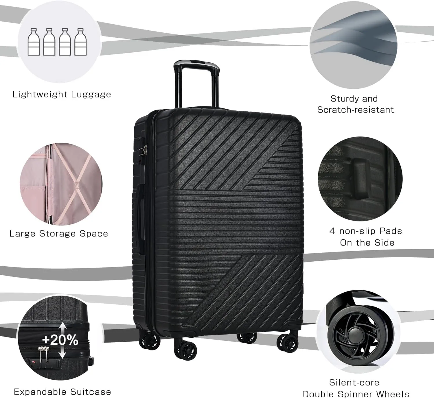 3 Piece Luggage Set,Expandable Hard Shell Luggage Set with Spinner Wheels & TSA Lock, Lightweight Travel Luggage Set,Carry on Luggage for Business Trip Black
