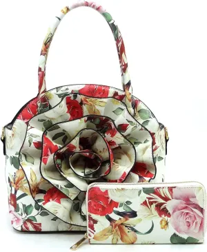 3D Flower Women Handbag and Matching Wallet Set Floral Printed Top Handle Purse 2PCS Set
