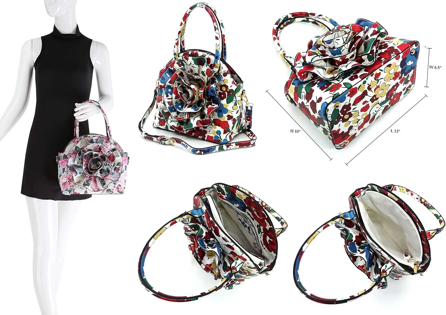 3D Flower Women Handbag and Matching Wallet Set Floral Printed Top Handle Purse 2PCS Set