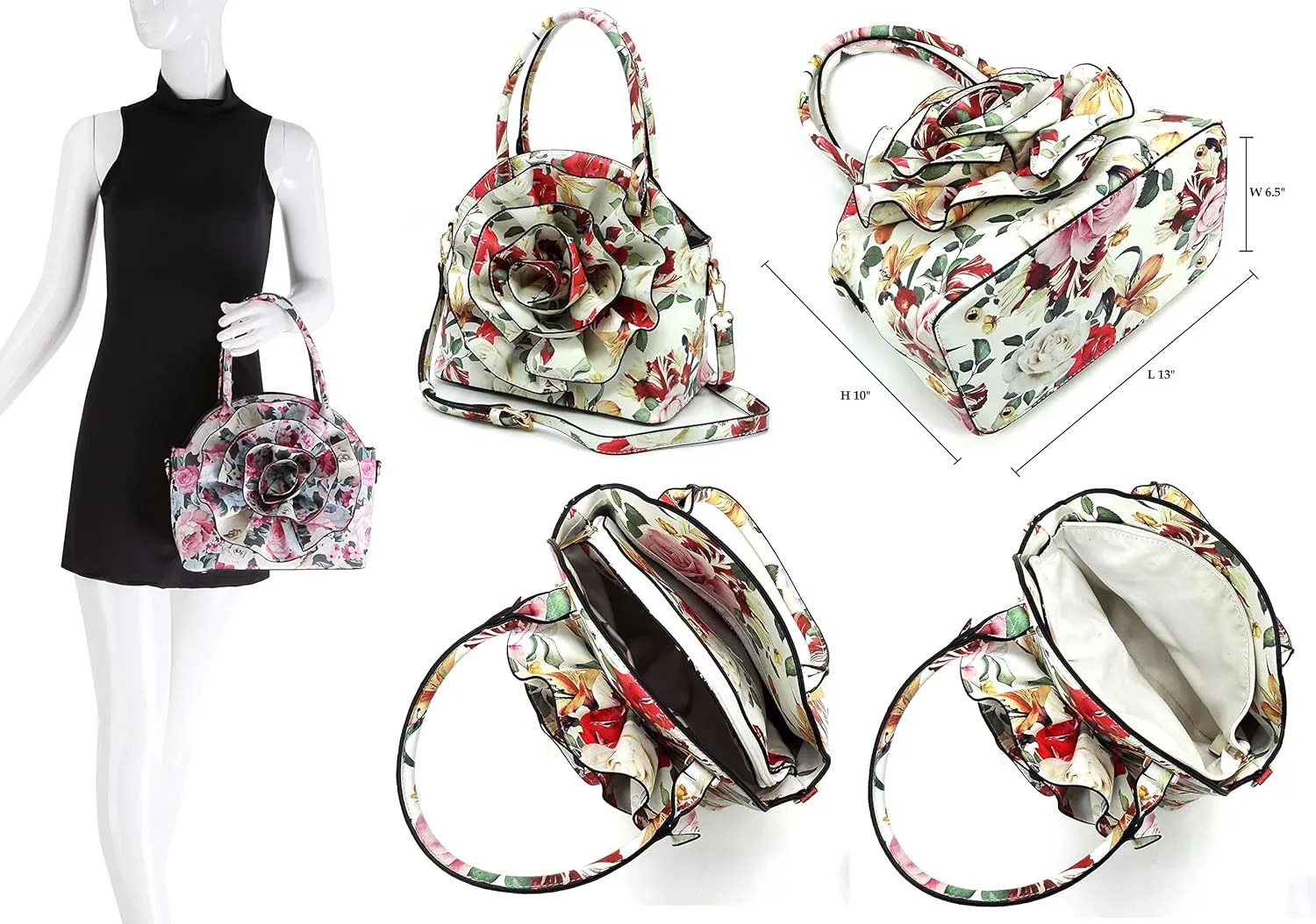3D Flower Women Handbag and Matching Wallet Set Floral Printed Top Handle Purse 2PCS Set