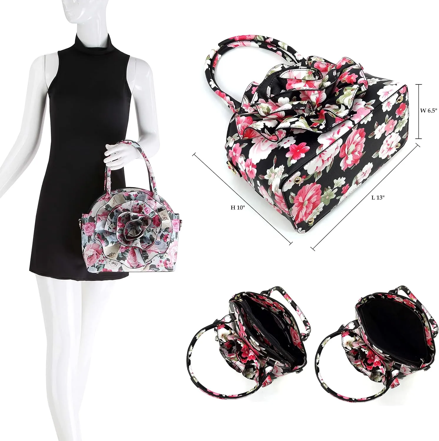 3D Flower Women Handbag and Matching Wallet Set Floral Printed Top Handle Purse 2PCS Set
