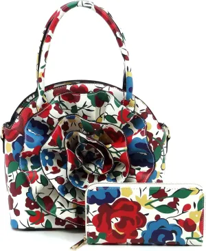 3D Flower Women Handbag and Matching Wallet Set Floral Printed Top Handle Purse 2PCS Set