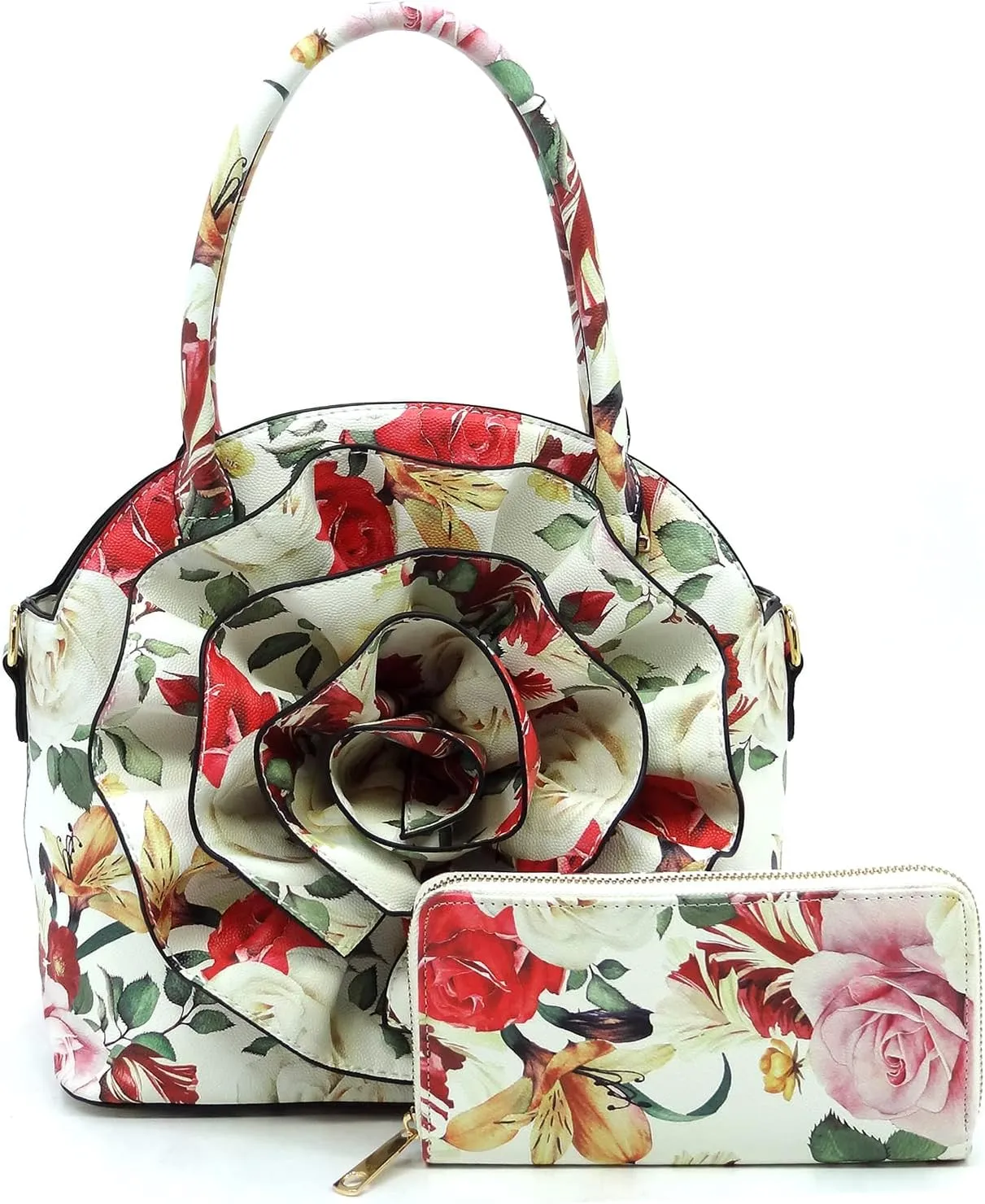 3D Flower Women Handbag and Matching Wallet Set Floral Printed Top Handle Purse 2PCS Set