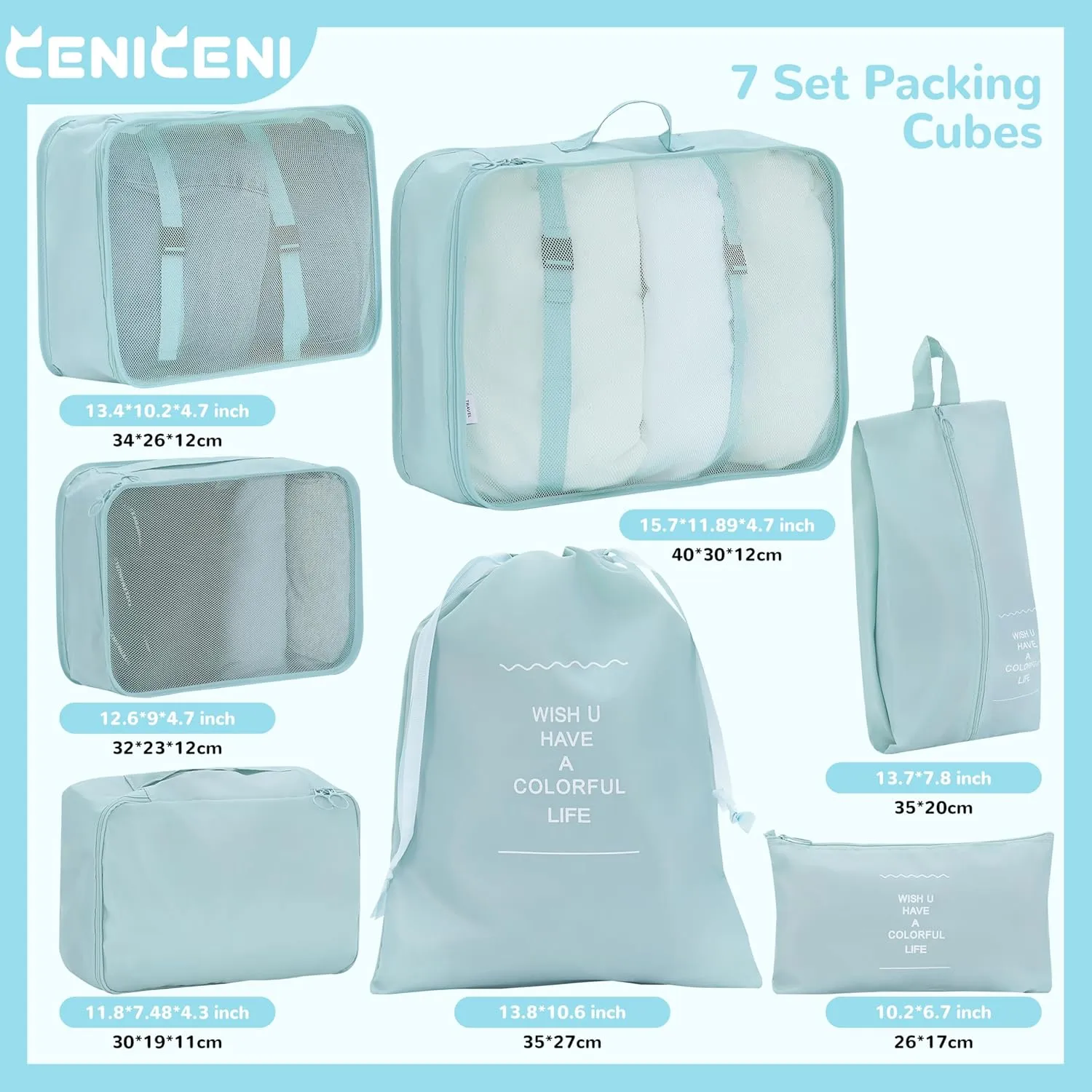 7 Set Packing Cubes for Travel, Gifts for Women Mom, Suitcase Organizer Bags for Luggage with Hanging Toiletry Bag and Shoe Bag, Vacation Essentials Travel Accessories Light Blue