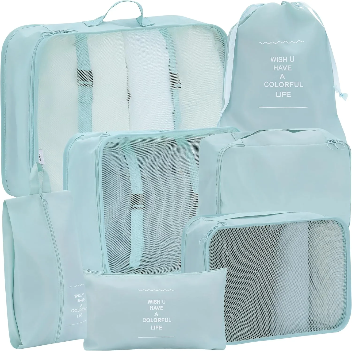 7 Set Packing Cubes for Travel, Gifts for Women Mom, Suitcase Organizer Bags for Luggage with Hanging Toiletry Bag and Shoe Bag, Vacation Essentials Travel Accessories Light Blue