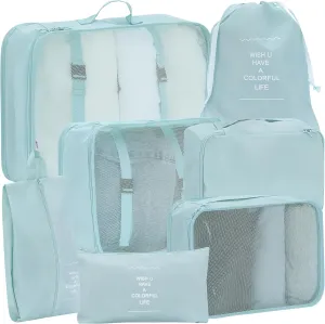 7 Set Packing Cubes for Travel, Gifts for Women Mom, Suitcase Organizer Bags for Luggage with Hanging Toiletry Bag and Shoe Bag, Vacation Essentials Travel Accessories Light Blue