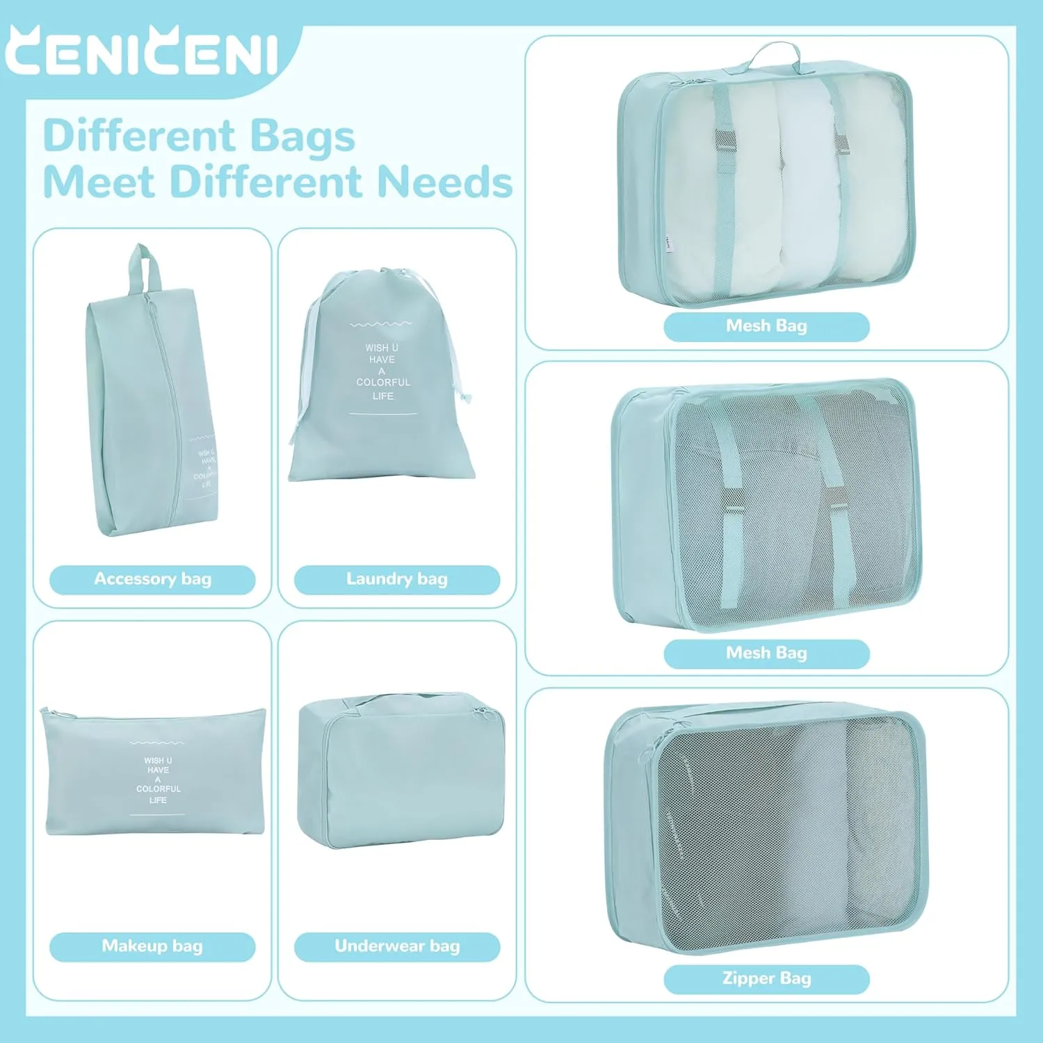 7 Set Packing Cubes for Travel, Gifts for Women Mom, Suitcase Organizer Bags for Luggage with Hanging Toiletry Bag and Shoe Bag, Vacation Essentials Travel Accessories Light Blue