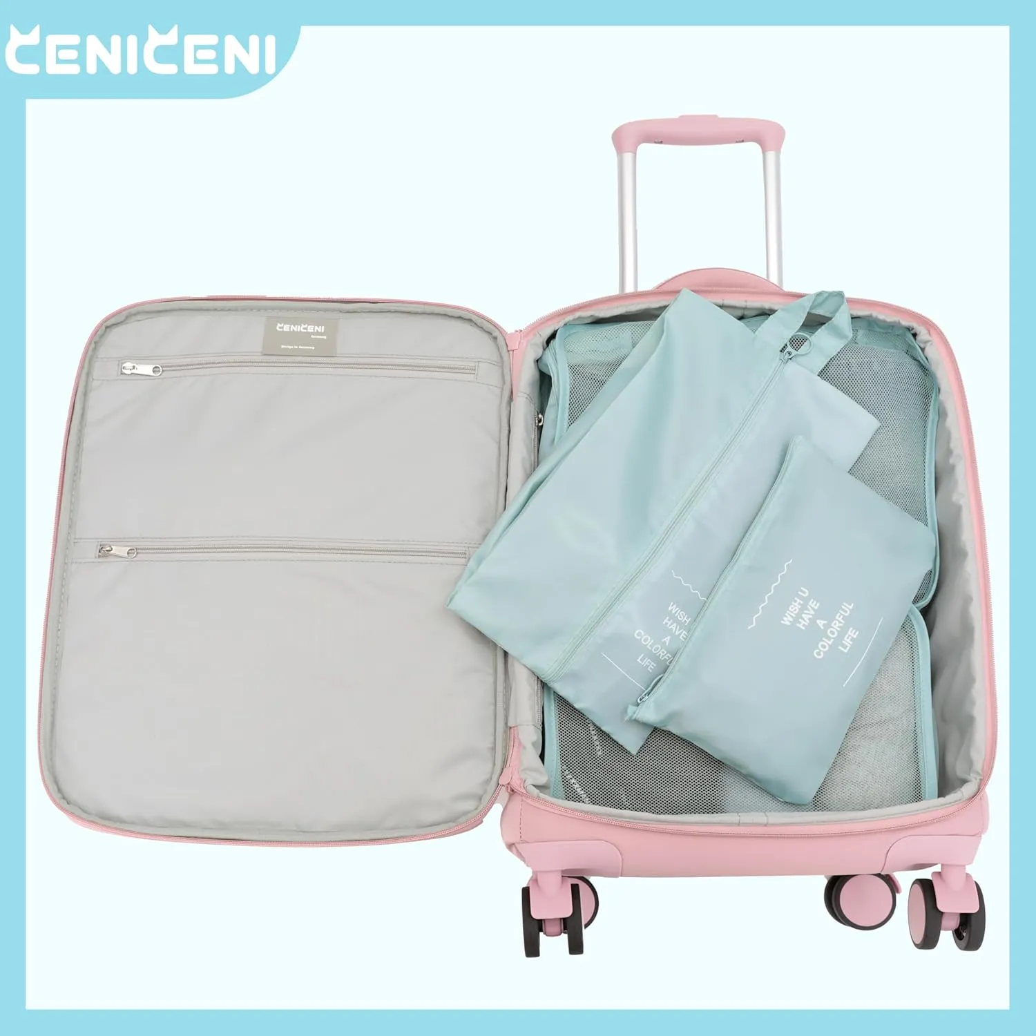 7 Set Packing Cubes for Travel, Gifts for Women Mom, Suitcase Organizer Bags for Luggage with Hanging Toiletry Bag and Shoe Bag, Vacation Essentials Travel Accessories Light Blue