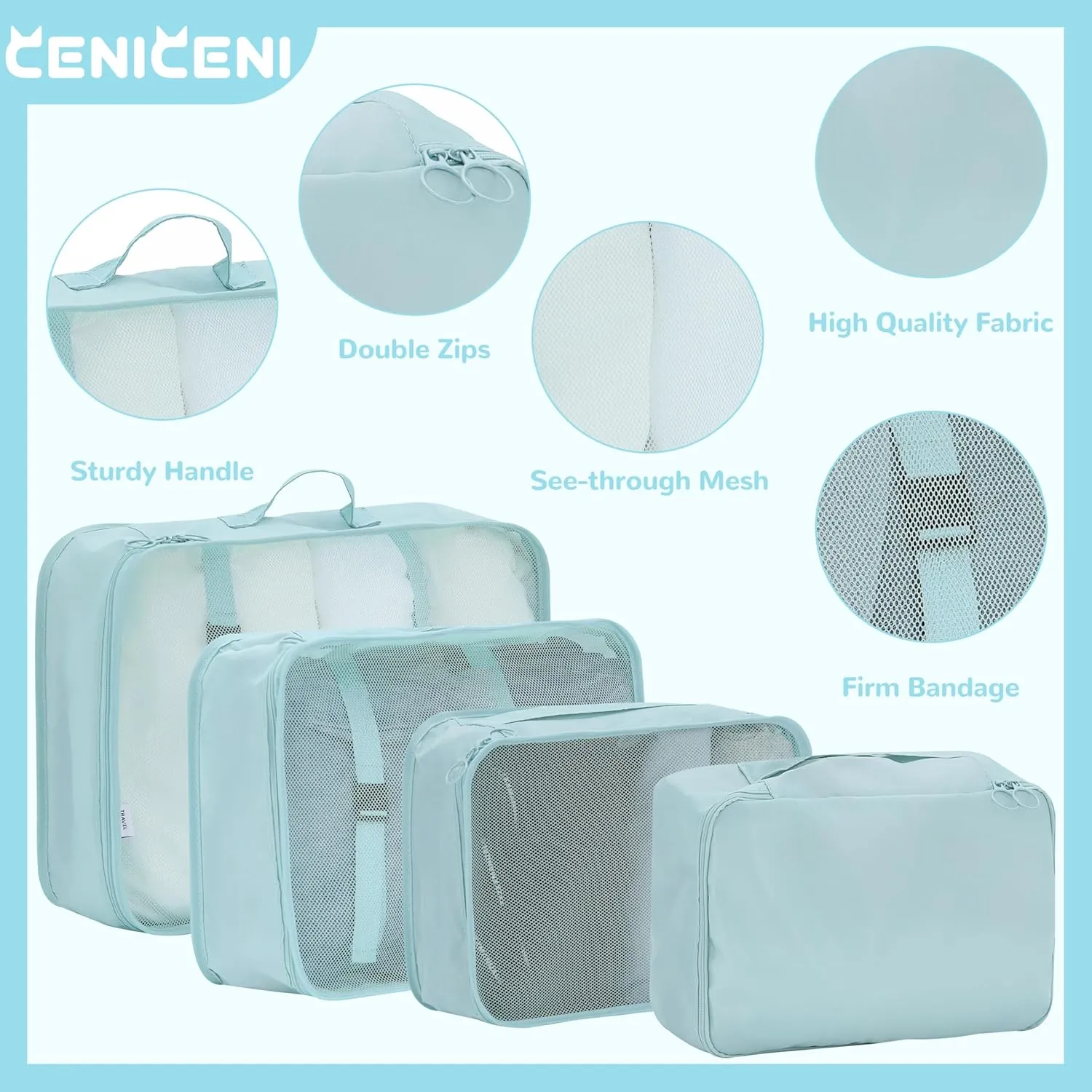 7 Set Packing Cubes for Travel, Gifts for Women Mom, Suitcase Organizer Bags for Luggage with Hanging Toiletry Bag and Shoe Bag, Vacation Essentials Travel Accessories Light Blue