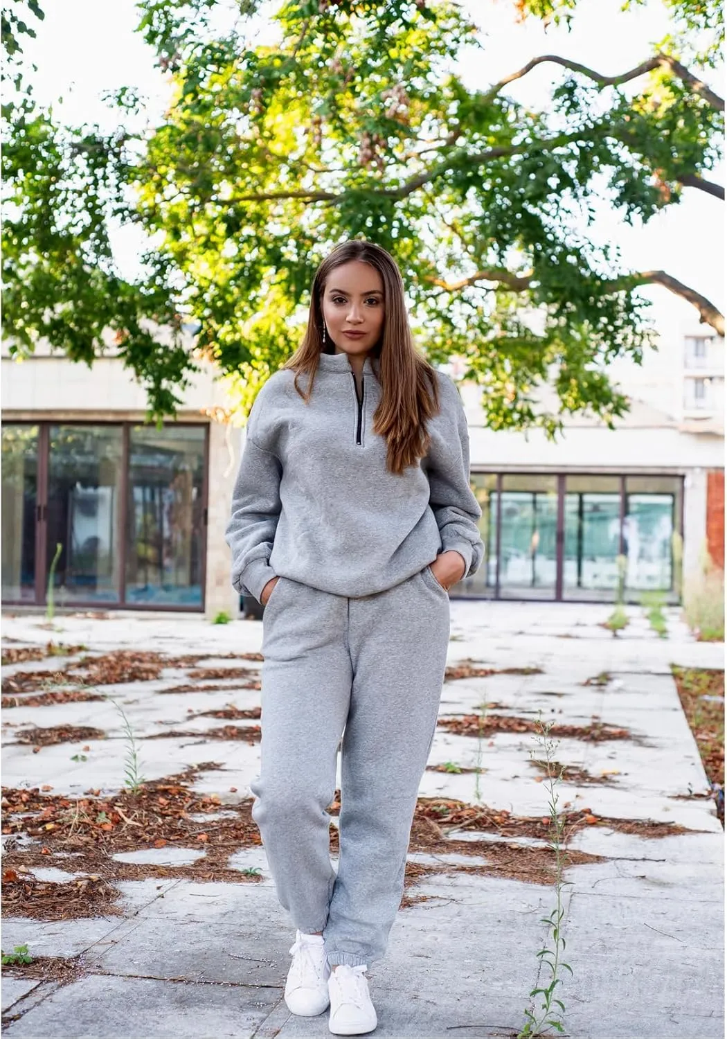 Aleumdr Women 2 Piece Outfits Sweatsuit Oversized Half Zip Pullover Long Sleeve Sweatshirt Jogger Pants Set with Pockets