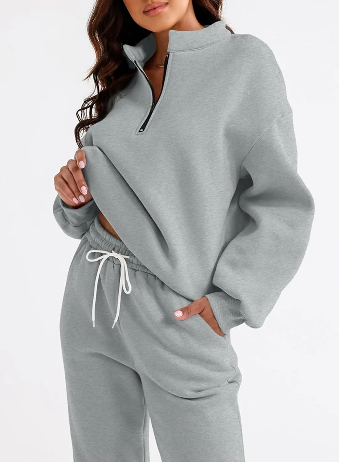 Aleumdr Women 2 Piece Outfits Sweatsuit Oversized Half Zip Pullover Long Sleeve Sweatshirt Jogger Pants Set with Pockets
