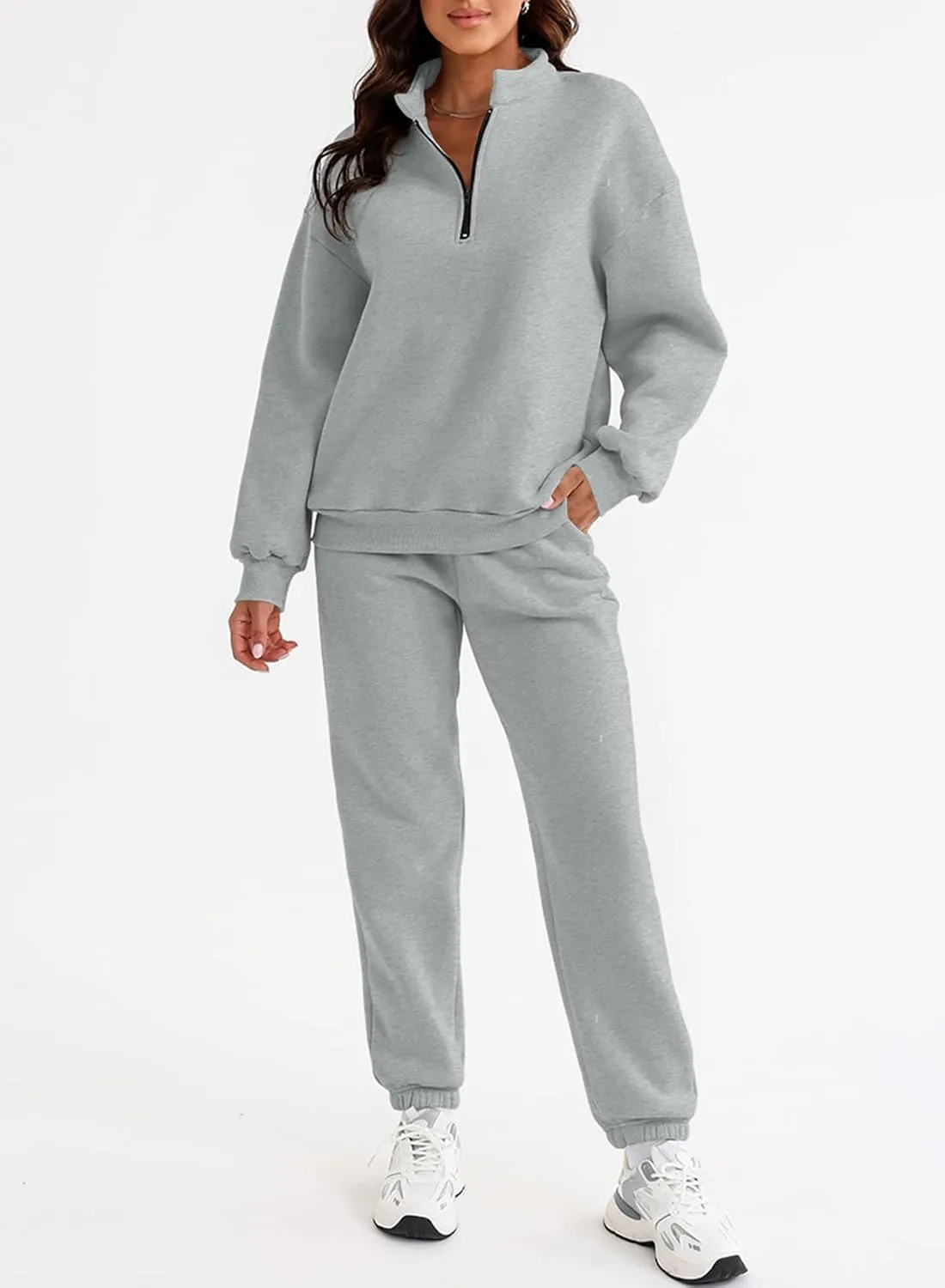 Aleumdr Women 2 Piece Outfits Sweatsuit Oversized Half Zip Pullover Long Sleeve Sweatshirt Jogger Pants Set with Pockets