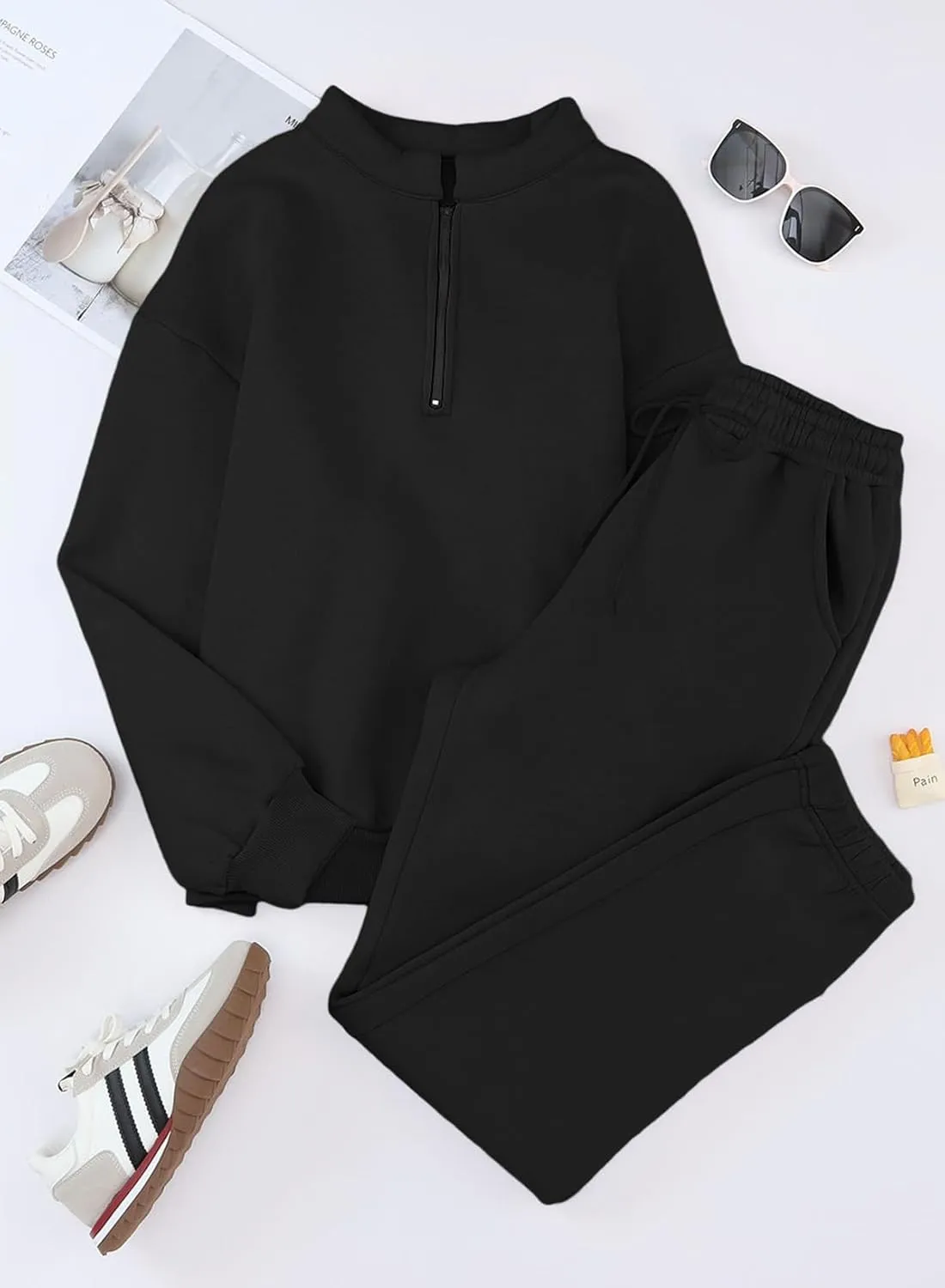 Aleumdr Women 2 Piece Outfits Sweatsuit Oversized Half Zip Pullover Long Sleeve Sweatshirt Jogger Pants Set with Pockets