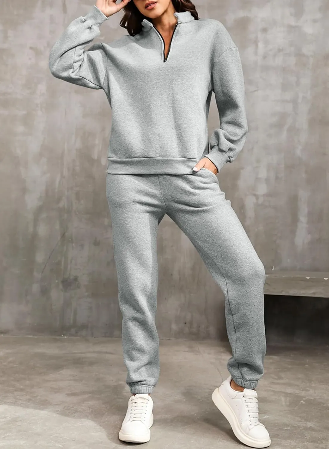 Aleumdr Women 2 Piece Outfits Sweatsuit Oversized Half Zip Pullover Long Sleeve Sweatshirt Jogger Pants Set with Pockets