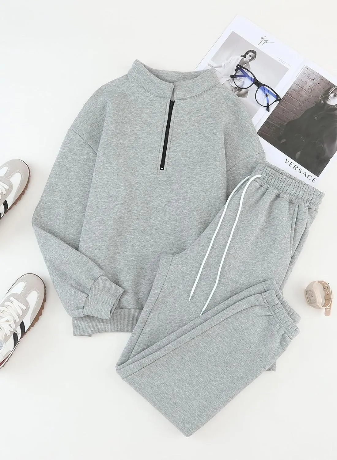 Aleumdr Women 2 Piece Outfits Sweatsuit Oversized Half Zip Pullover Long Sleeve Sweatshirt Jogger Pants Set with Pockets