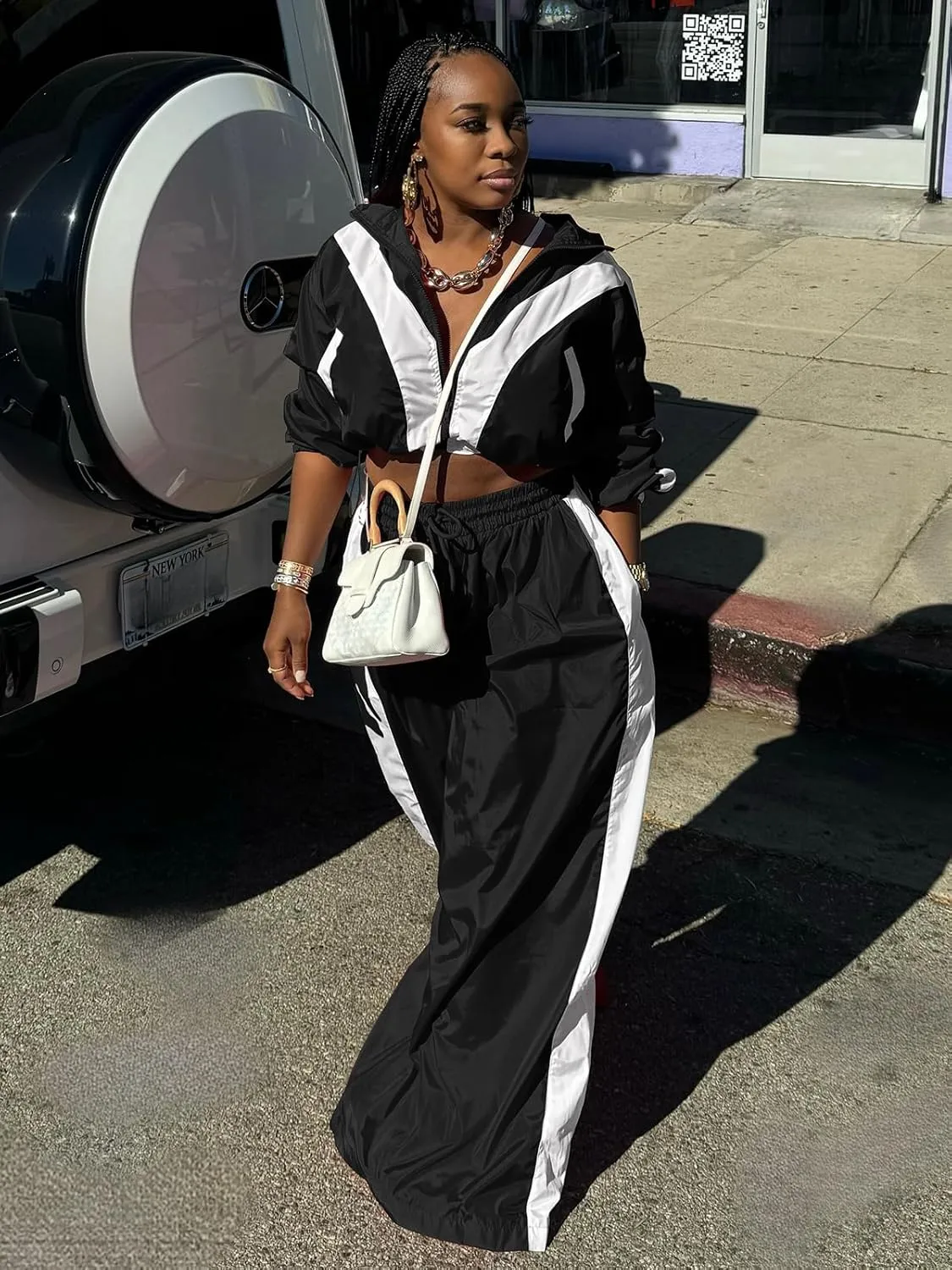 Angsuttc Track Suits for Women Set Color Block Two Piece Long Sleeve Cropped Jacket and Wide Leg Pants Outfits