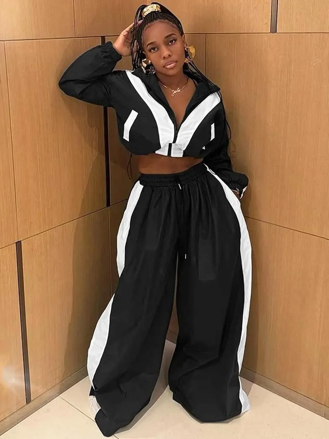 Angsuttc Track Suits for Women Set Color Block Two Piece Long Sleeve Cropped Jacket and Wide Leg Pants Outfits