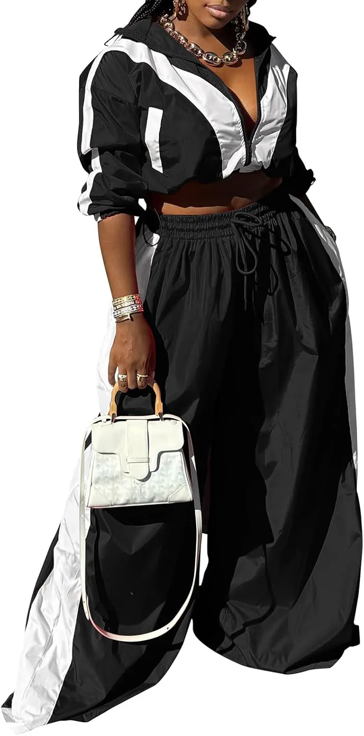 Angsuttc Track Suits for Women Set Color Block Two Piece Long Sleeve Cropped Jacket and Wide Leg Pants Outfits