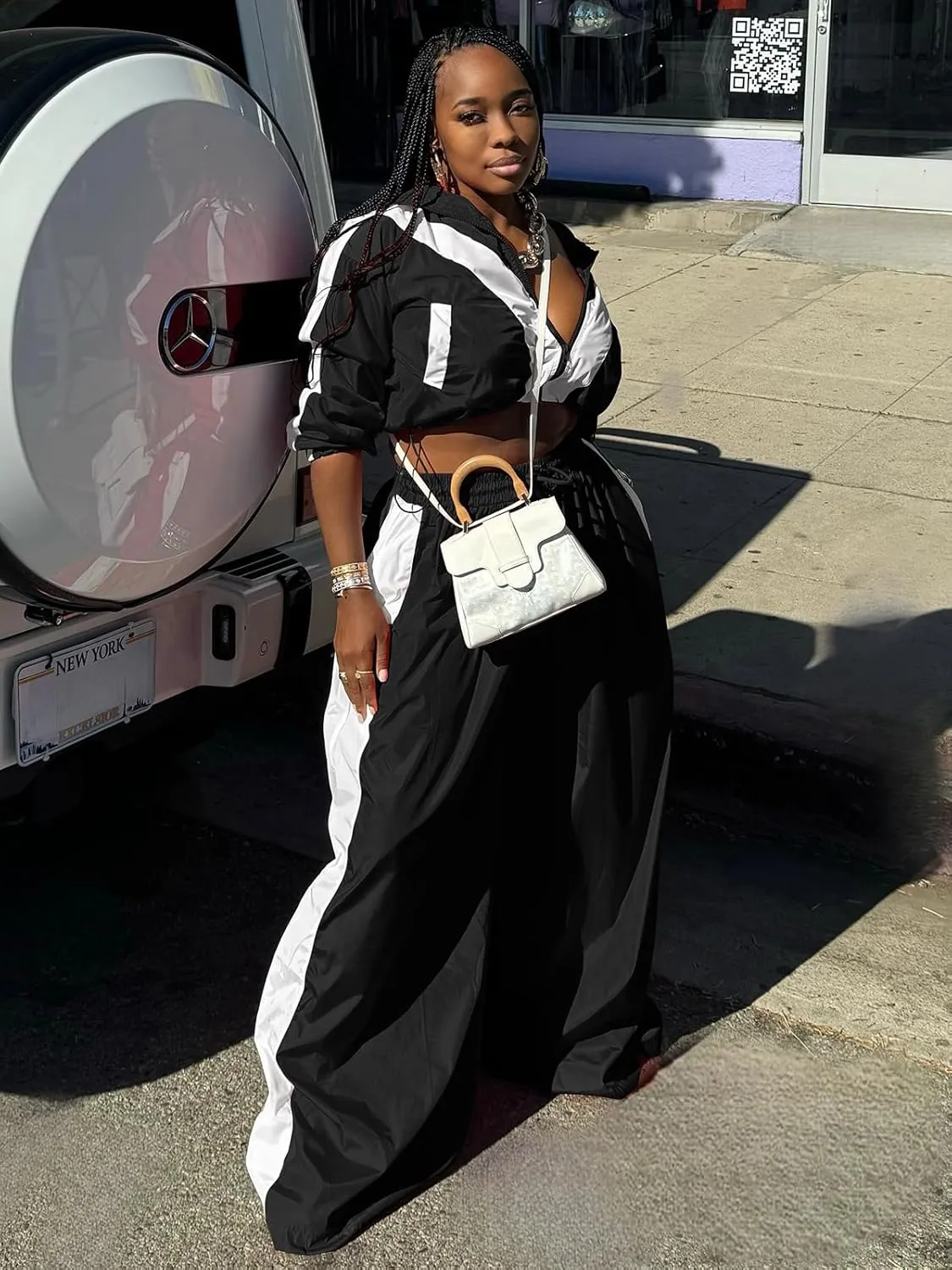 Angsuttc Track Suits for Women Set Color Block Two Piece Long Sleeve Cropped Jacket and Wide Leg Pants Outfits