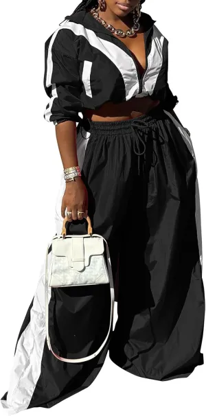 Angsuttc Track Suits for Women Set Color Block Two Piece Long Sleeve Cropped Jacket and Wide Leg Pants Outfits