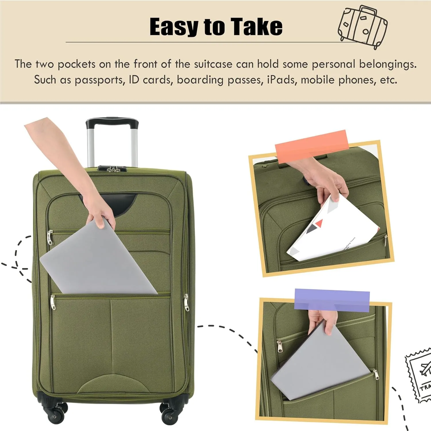 Anwick Expandable Suitcase Set 5 Piece, Softside Luggage With Spinner Wheels TSA Lock, Lightweight Travel Set for Men Women 20" 24" 28" (Army Green)