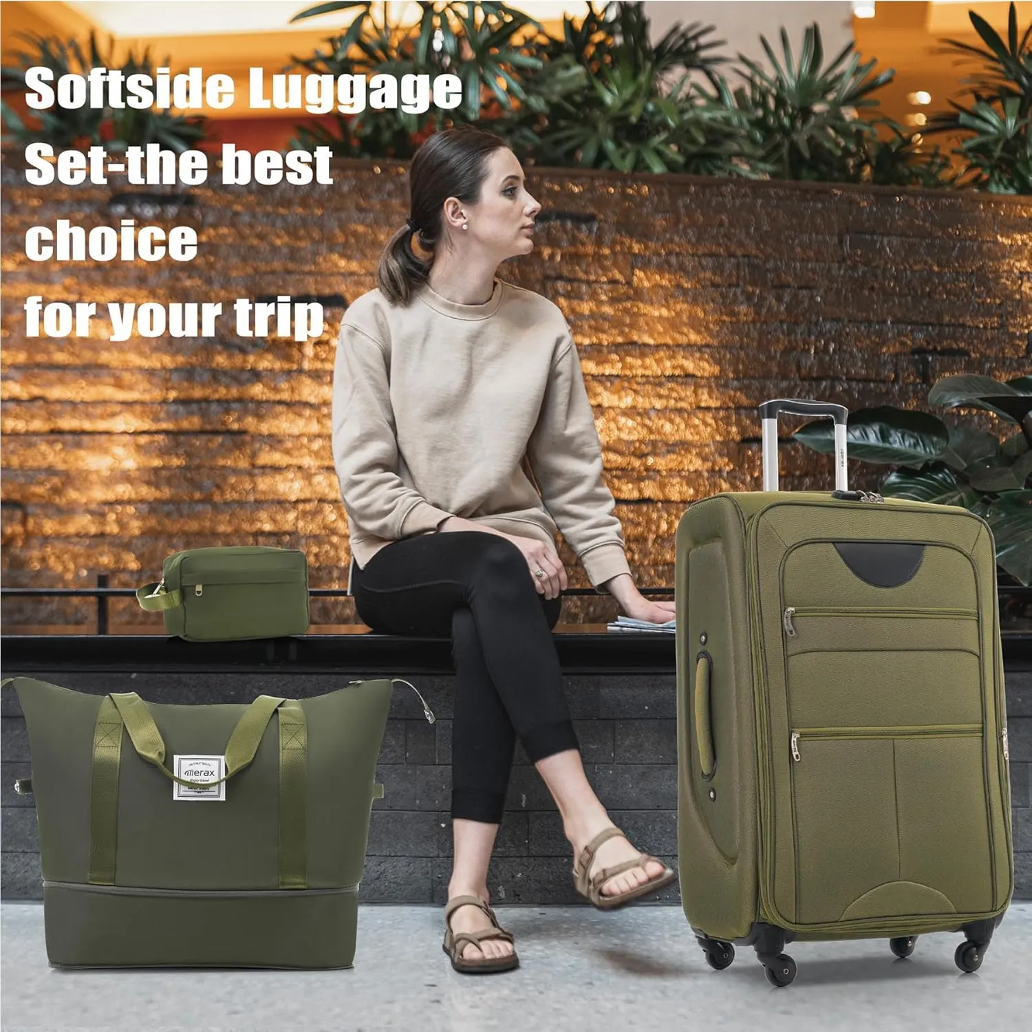 Anwick Expandable Suitcase Set 5 Piece, Softside Luggage With Spinner Wheels TSA Lock, Lightweight Travel Set for Men Women 20" 24" 28" (Army Green)