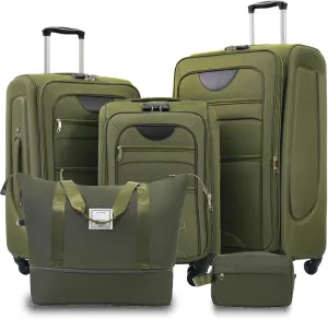 Anwick Expandable Suitcase Set 5 Piece, Softside Luggage With Spinner Wheels TSA Lock, Lightweight Travel Set for Men Women 20" 24" 28" (Army Green)