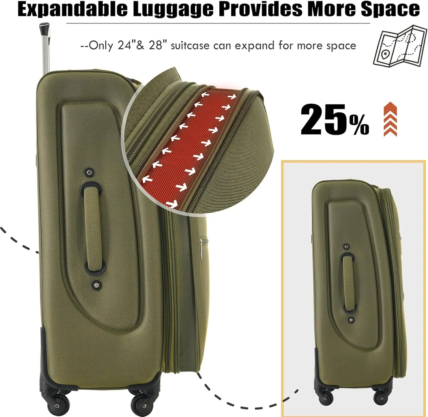 Anwick Expandable Suitcase Set 5 Piece, Softside Luggage With Spinner Wheels TSA Lock, Lightweight Travel Set for Men Women 20" 24" 28" (Army Green)