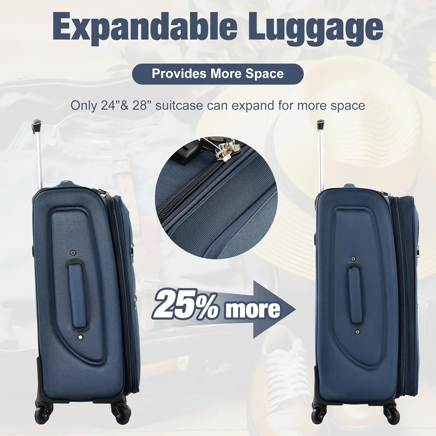 Anwick Expandable Suitcase Set 5 Piece, Softside Luggage With Spinner Wheels TSA Lock, Lightweight Travel Set for Men Women 20" 24" 28" (Dark Blue)