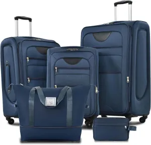 Anwick Expandable Suitcase Set 5 Piece, Softside Luggage With Spinner Wheels TSA Lock, Lightweight Travel Set for Men Women 20" 24" 28" (Dark Blue)