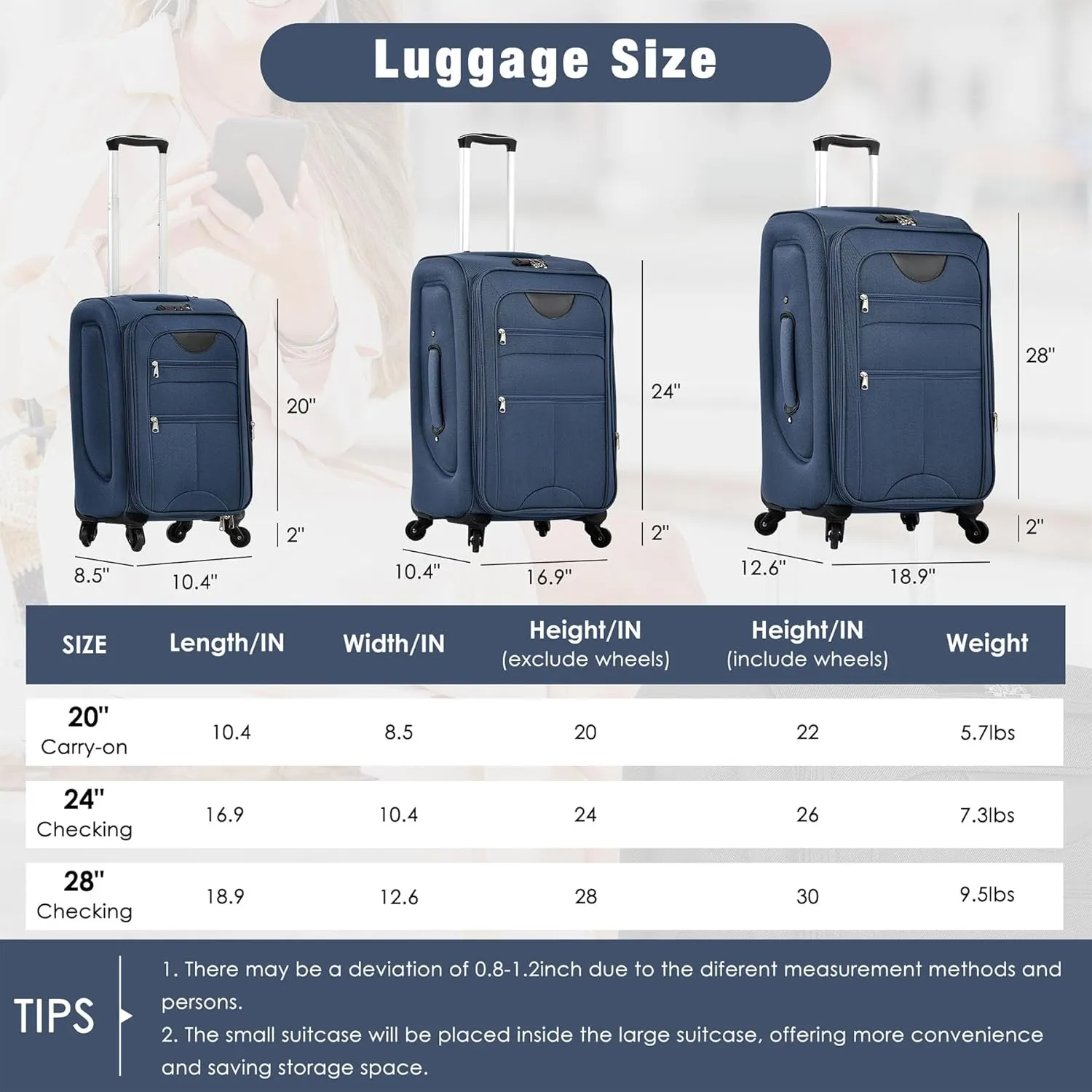 Anwick Expandable Suitcase Set 5 Piece, Softside Luggage With Spinner Wheels TSA Lock, Lightweight Travel Set for Men Women 20" 24" 28" (Dark Blue)