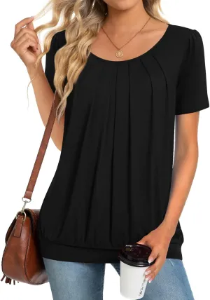 Anymeet 2025 Women's Spring Summer Tunic Tops Short Sleeve Casual Tshirt for Leggings Pleated Blouses