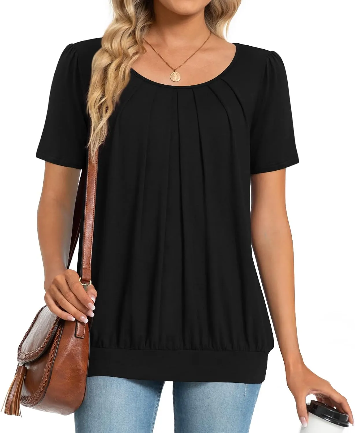 Anymeet 2025 Women's Spring Summer Tunic Tops Short Sleeve Casual Tshirt for Leggings Pleated Blouses
