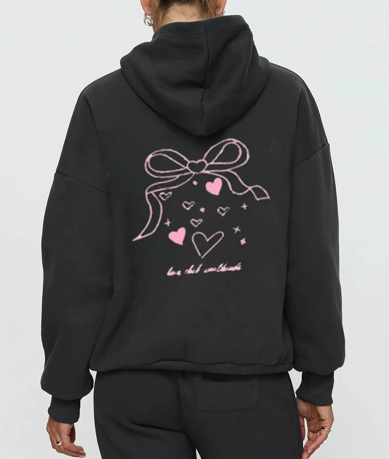 Aonoapll Women Cute 2 Piece Sweatsuit Bow Print Sweatshirt Outfits Oversized Hoodie Wide Leg Sweatpants Set Y2k Tracksuit