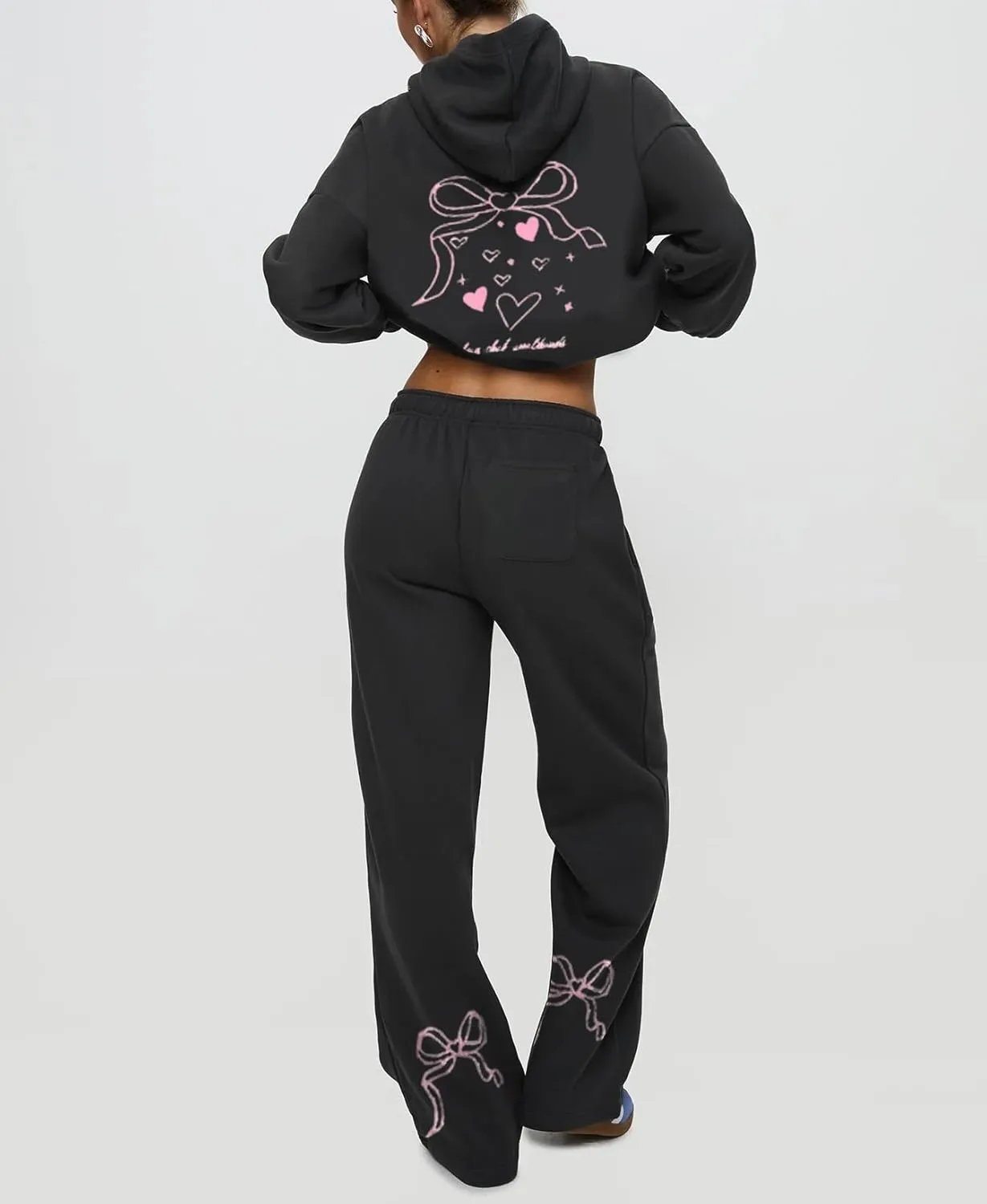 Aonoapll Women Cute 2 Piece Sweatsuit Bow Print Sweatshirt Outfits Oversized Hoodie Wide Leg Sweatpants Set Y2k Tracksuit