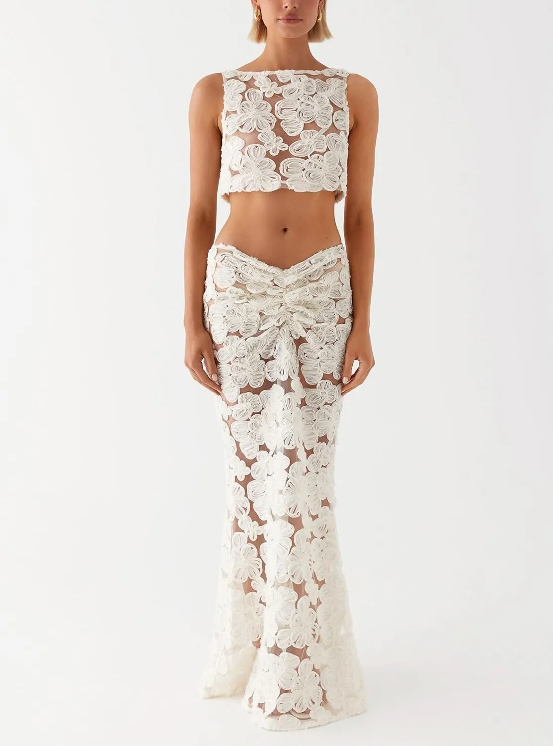 Aonoapll Women Floret Maxi Skirt Set Y2k Sleeveless Mesh Crop Top Bodycon Long Skirt Set 3D Floral 2 Piece Vacation Outfits