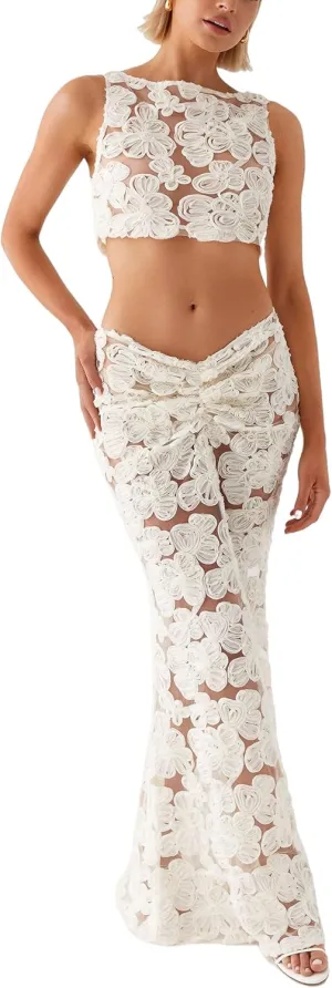 Aonoapll Women Floret Maxi Skirt Set Y2k Sleeveless Mesh Crop Top Bodycon Long Skirt Set 3D Floral 2 Piece Vacation Outfits