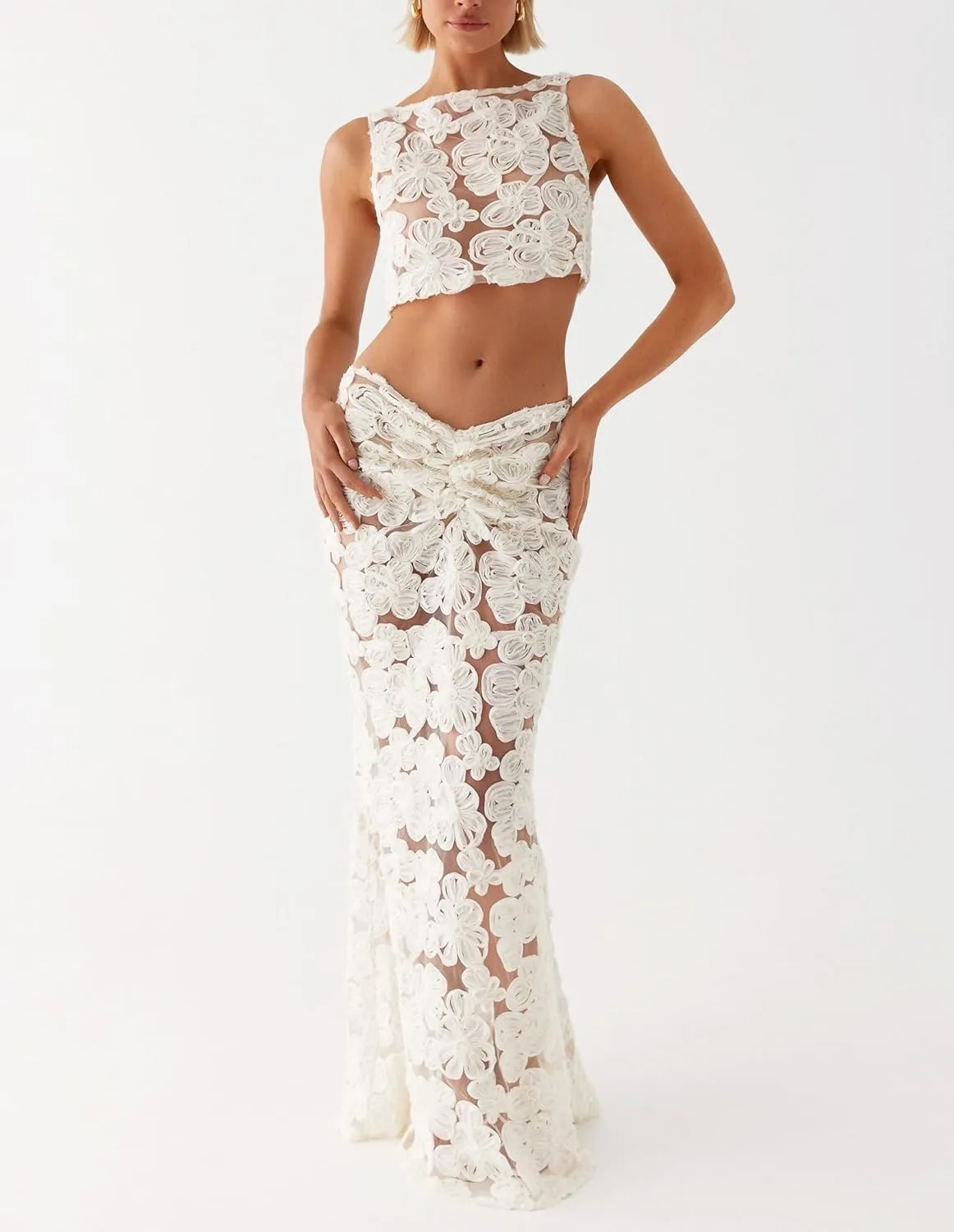 Aonoapll Women Floret Maxi Skirt Set Y2k Sleeveless Mesh Crop Top Bodycon Long Skirt Set 3D Floral 2 Piece Vacation Outfits