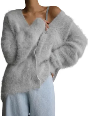 Arssm Womens Furry Cardigan Sweater Long Sleeve Cardigans Button Down V Neck Fluffy Knit Top Fashion 2025 Knitwear