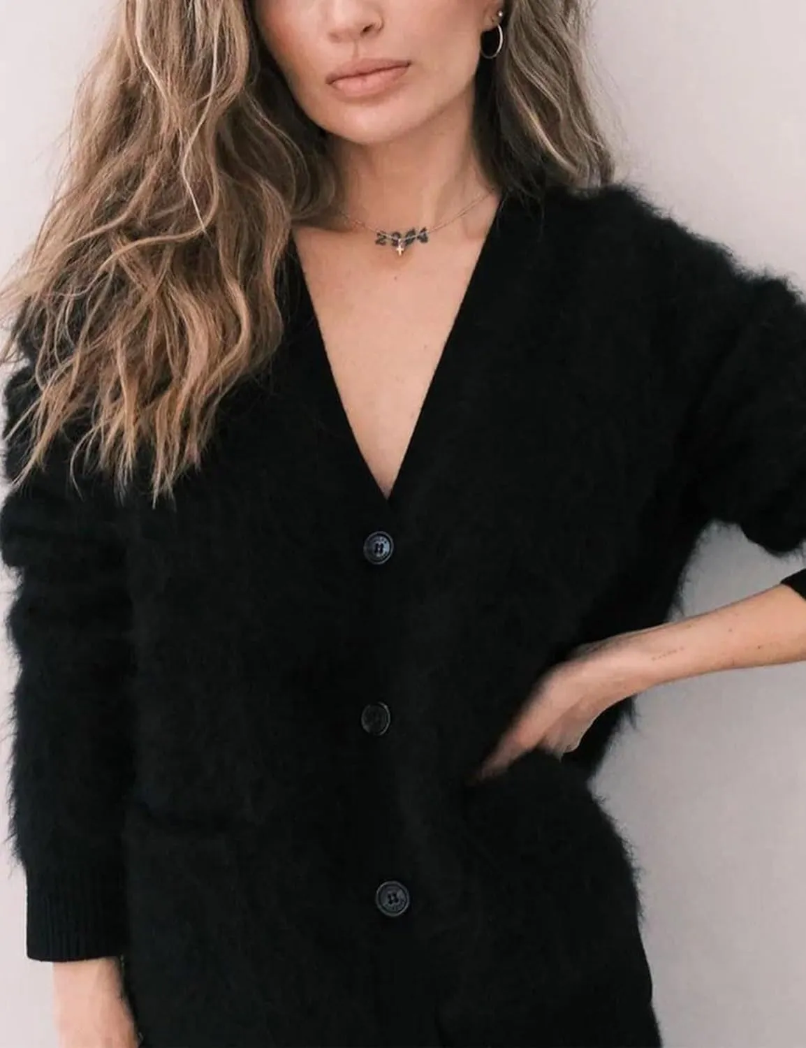 Arssm Womens Furry Cardigan Sweater Long Sleeve Cardigans Button Down V Neck Fluffy Knit Top Fashion 2025 Knitwear