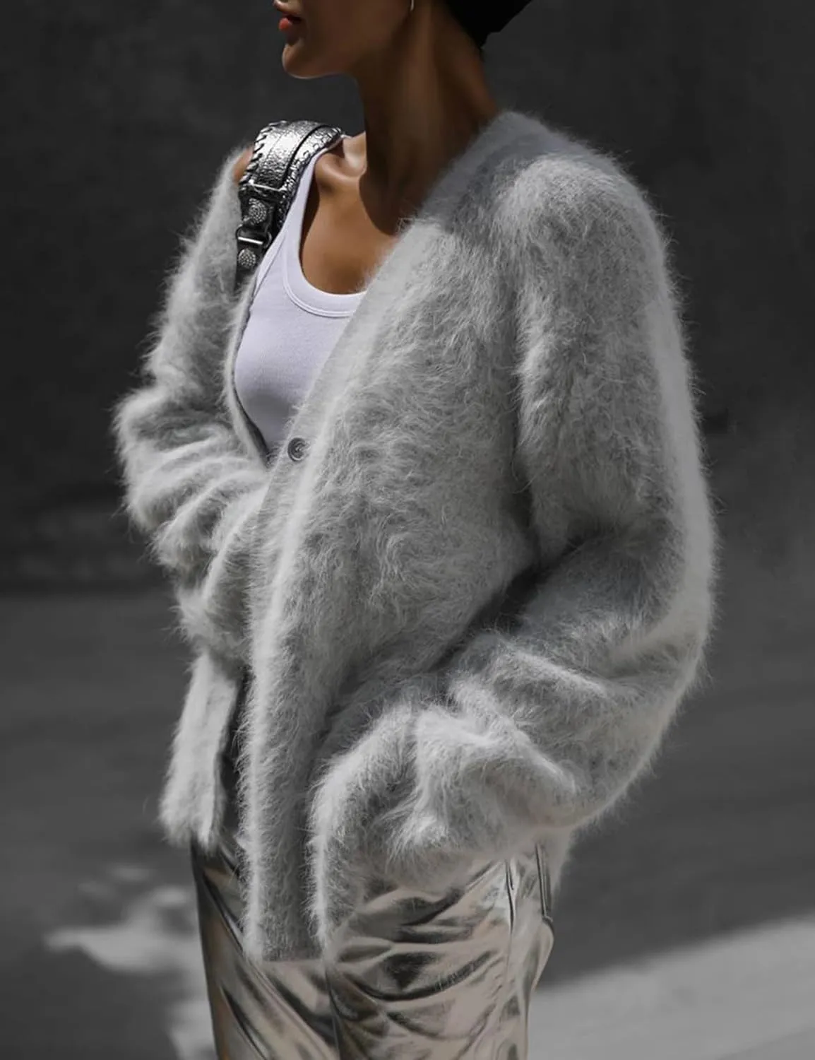Arssm Womens Furry Cardigan Sweater Long Sleeve Cardigans Button Down V Neck Fluffy Knit Top Fashion 2025 Knitwear